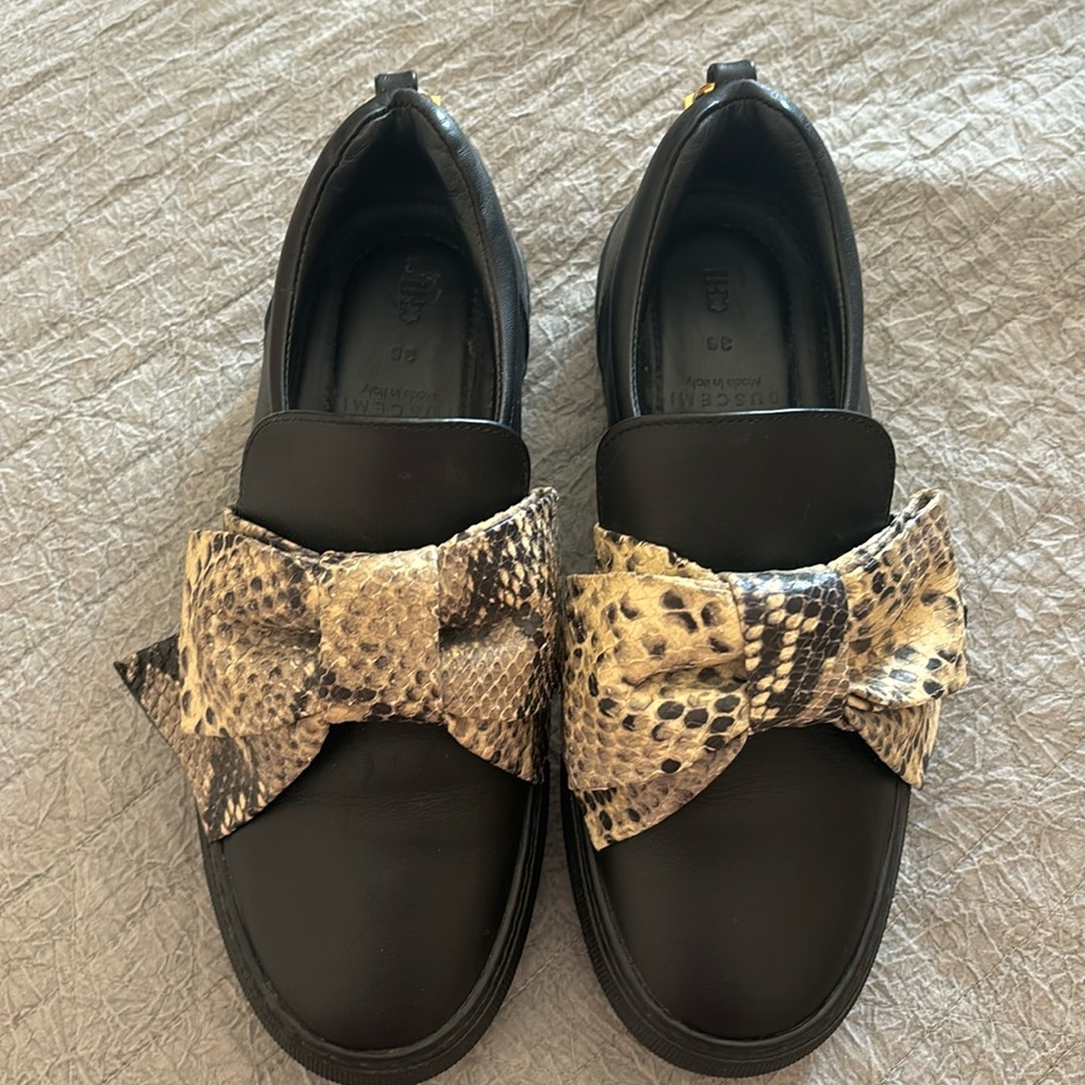 BUSCEMI Leather Slip-On Snakeskin Bow Sneakers Black Women’s 4.5 (35)
